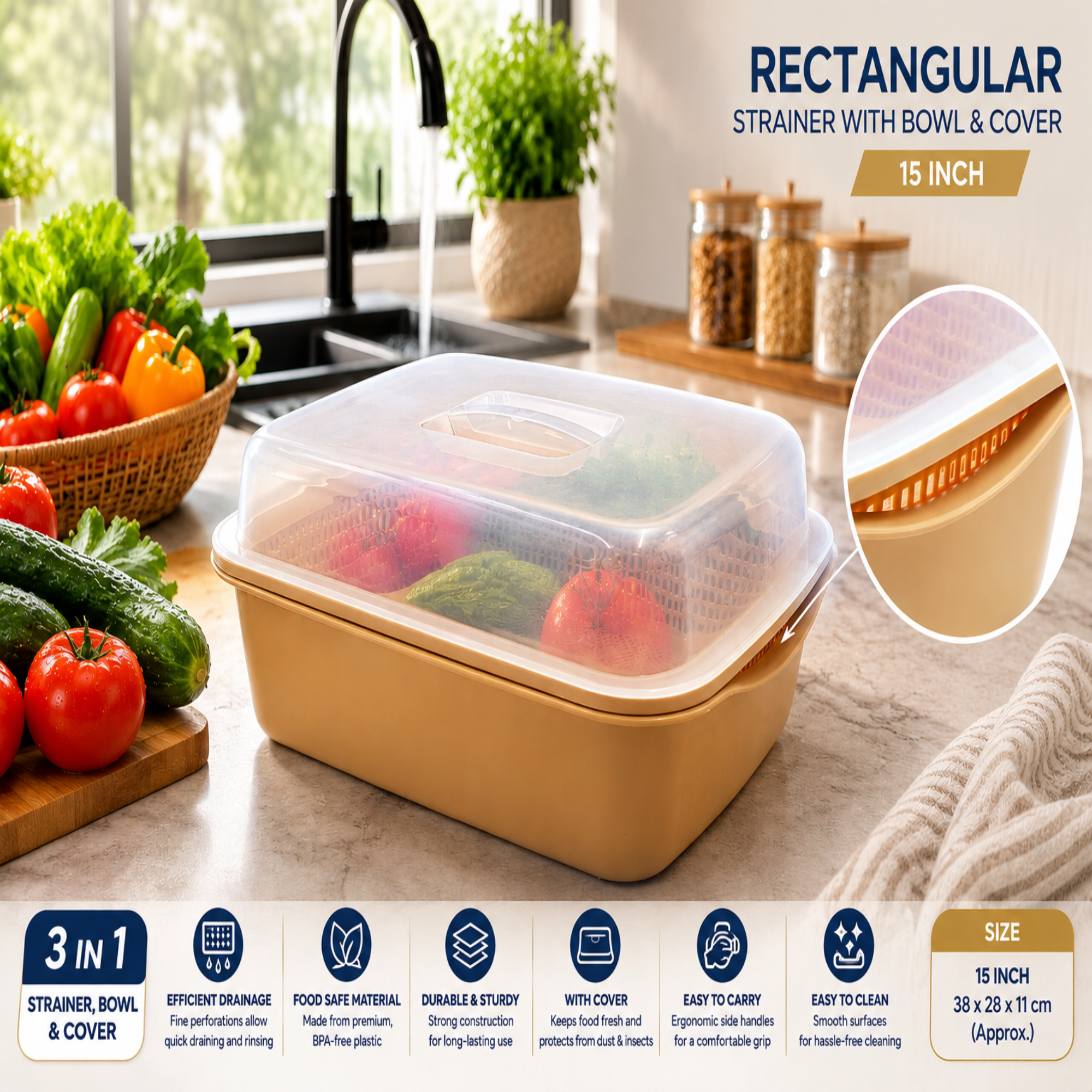 Rectangular Strainer with Bowl & Cover – 34 × 26 × 13 cm
