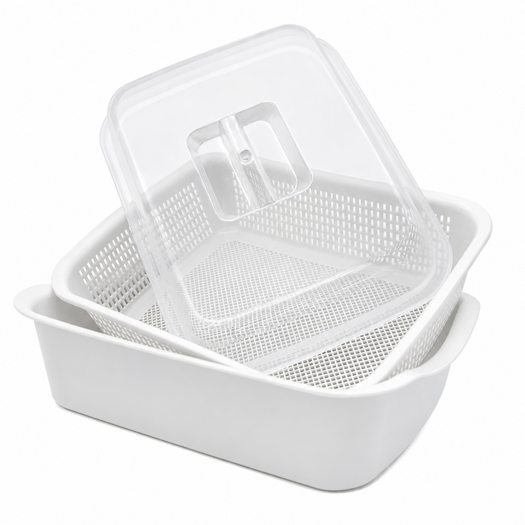 Rectangular Strainer with Bowl & Cover – 34 × 26 × 13 cm